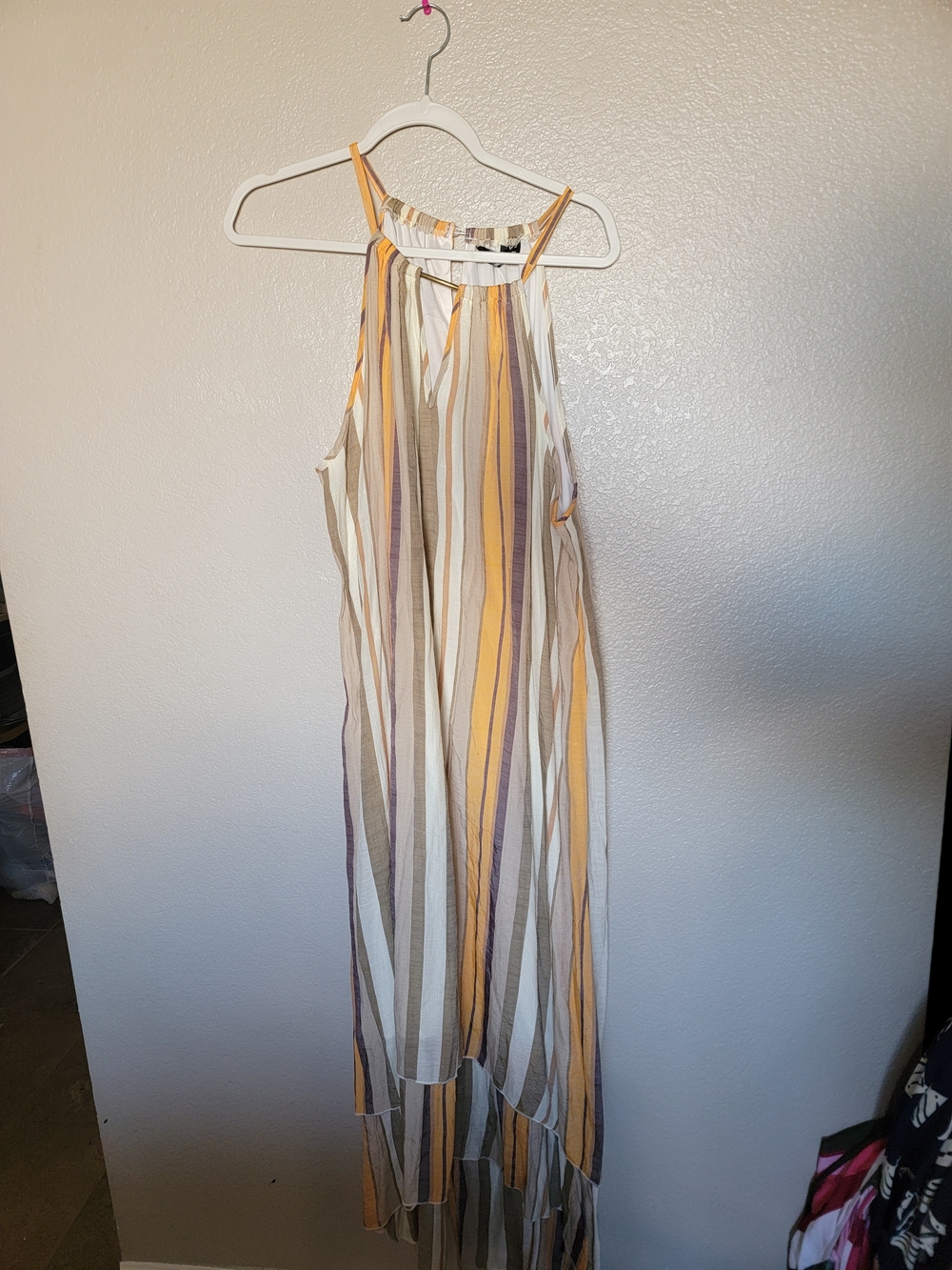 Mlle Gabrielle Striped Halter Maxi Dress in Yellow, White, Gray, Brown
